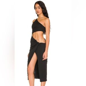 NBD Anjuna Midi Elegant Black Dress with Gold Chain and Cut Outs